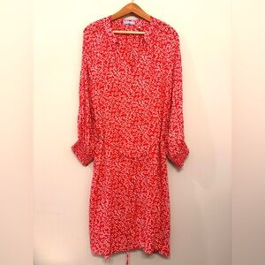 Draper James Red White Floral Midi‎ Dress  Balloon Sleeve V-neck Size XL NWOT